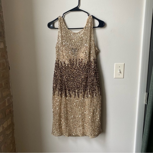 Adrianna Papell Cream and Tan Sequin Halter Mini Dress size 10 - Picture 1 of 7